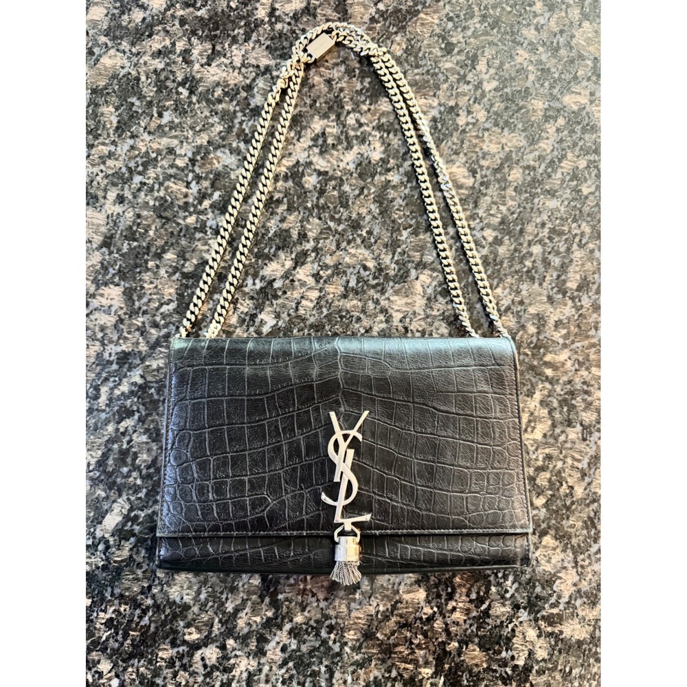 Saint Laurent Kate Medium Black Croc Embossed Tassel Chain Bag Silver Hardware